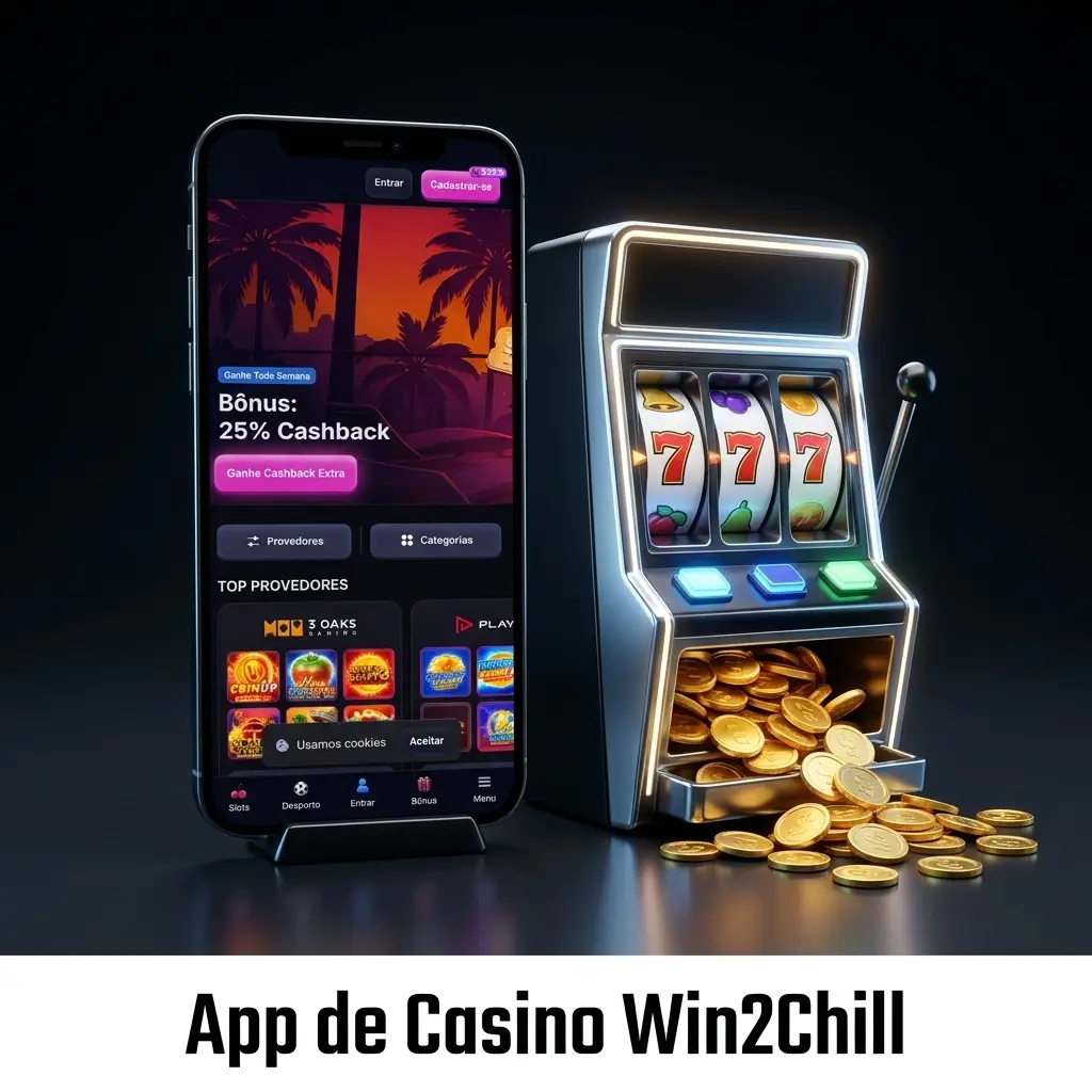 App Win2Chill com secção de casino ao vivo, slots e jogos de mesa como blackjack, roleta e baccarat