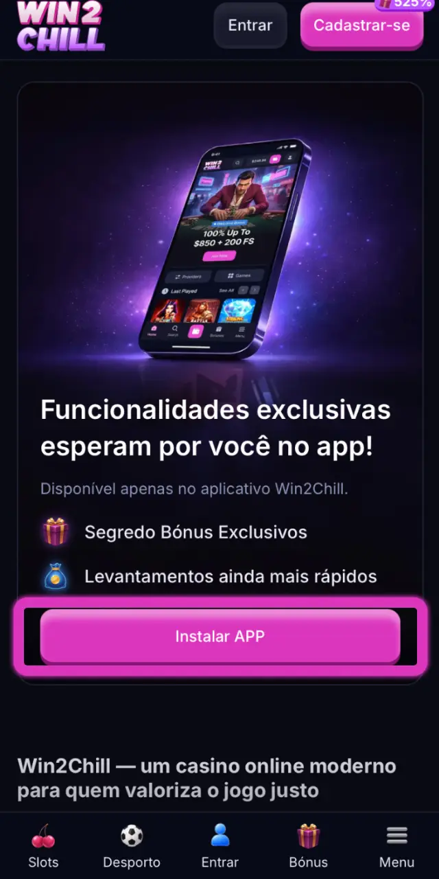 Toque em Instalar App no canto inferior do site para descarregar o APK Win2Chill.
