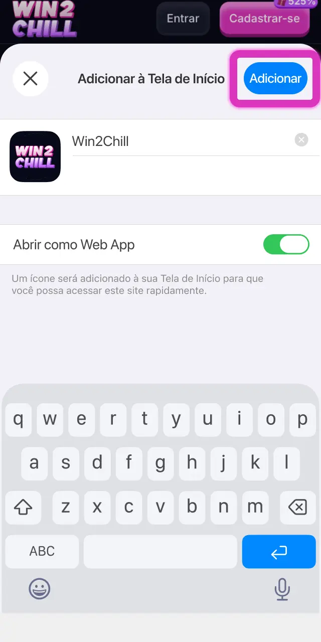 Selecione Adicionar ao Ecrã Inicial no menu do Safari para criar o atalho Win2Chill.