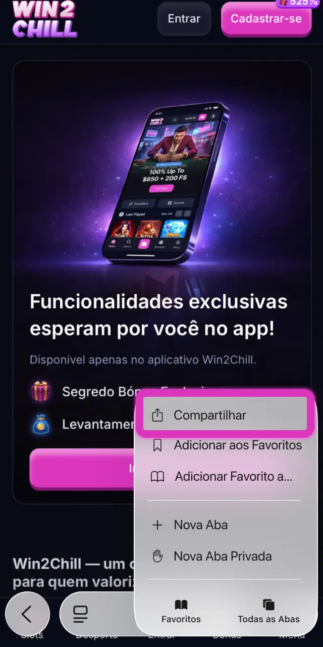 Toque no ícone Partilhar no Safari para adicionar a Win2Chill ao ecrã inicial.
