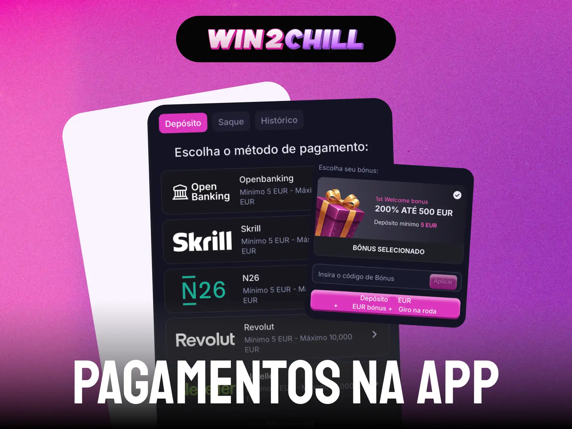 Métodos de pagamento na app Win2Chill para depósitos e levantamentos.