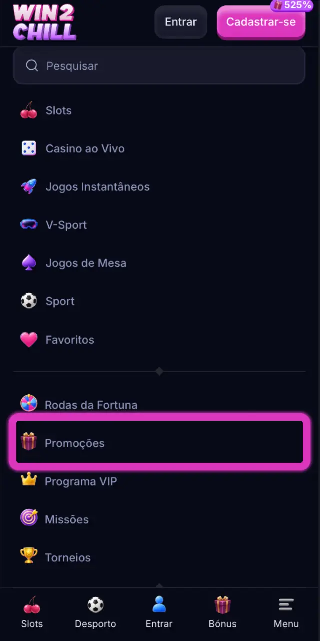 Aceda à secção Promoções na Win2Chill para escolher o bónus pretendido.
