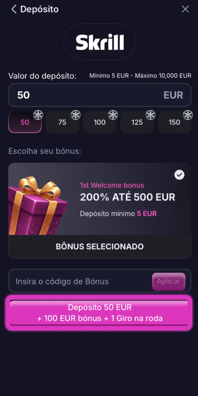 Efetue um depósito na Win2Chill com MB WAY, Multibanco ou cartão a partir de 10 EUR.