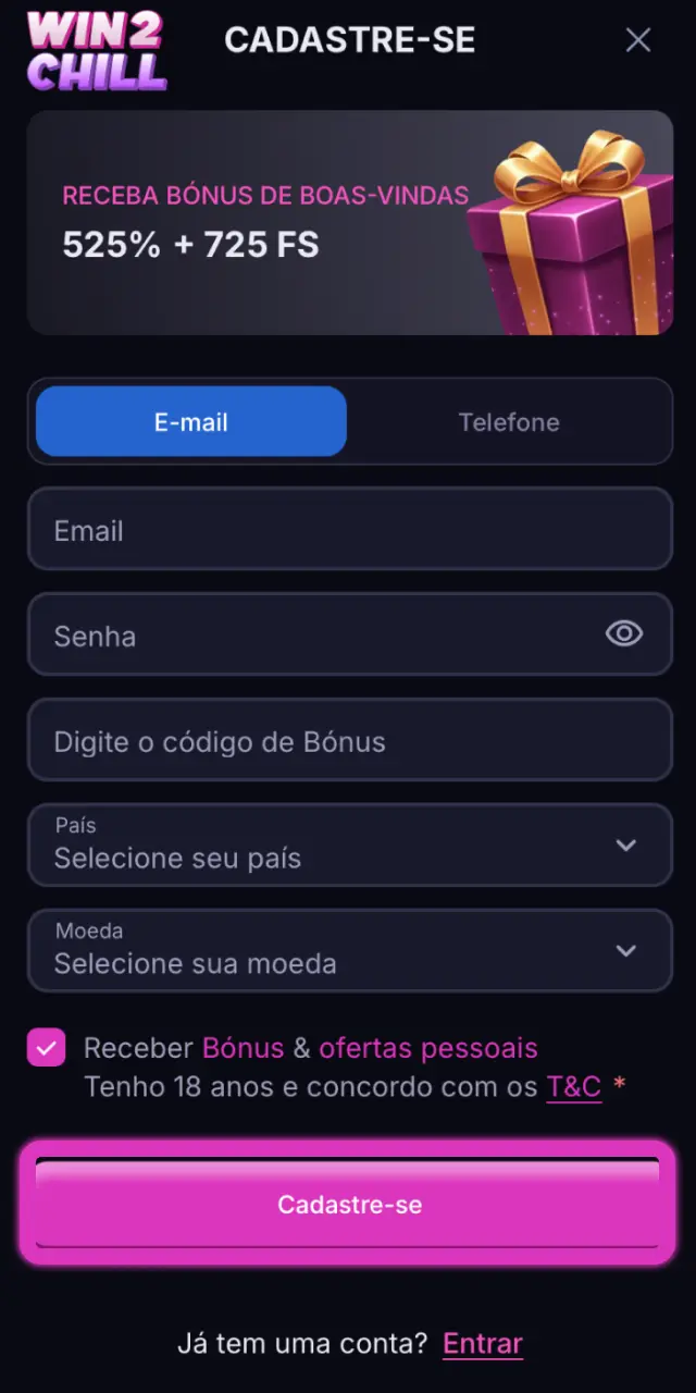 Registe-se na Win2Chill e introduza um código de bónus para ativar ofertas.