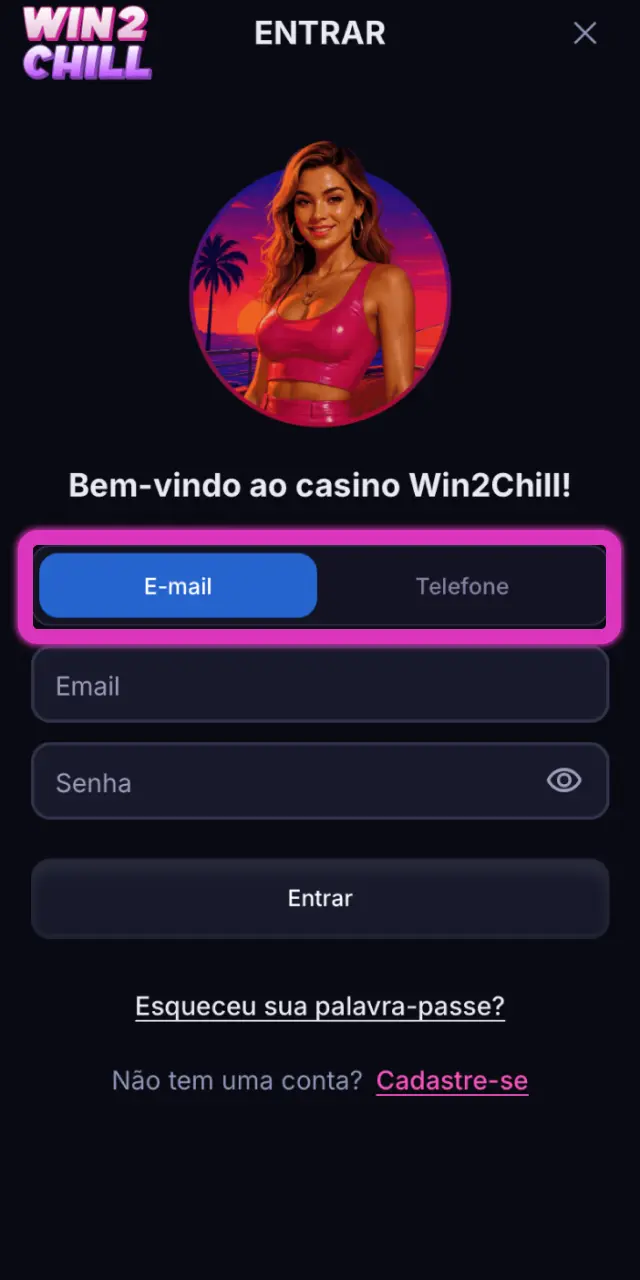 Escolha entre e-mail ou telefone para iniciar sessão na Win2Chill em Portugal.