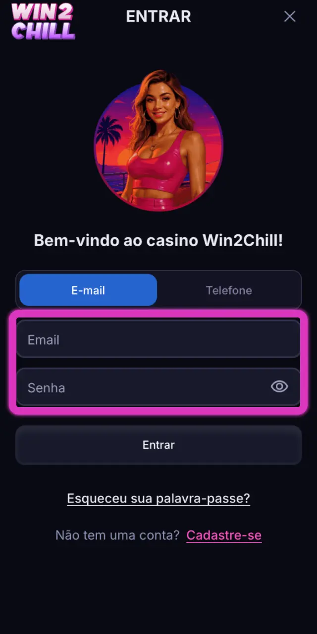 Introduza o seu e-mail ou telefone e palavra-passe para entrar na Win2Chill.