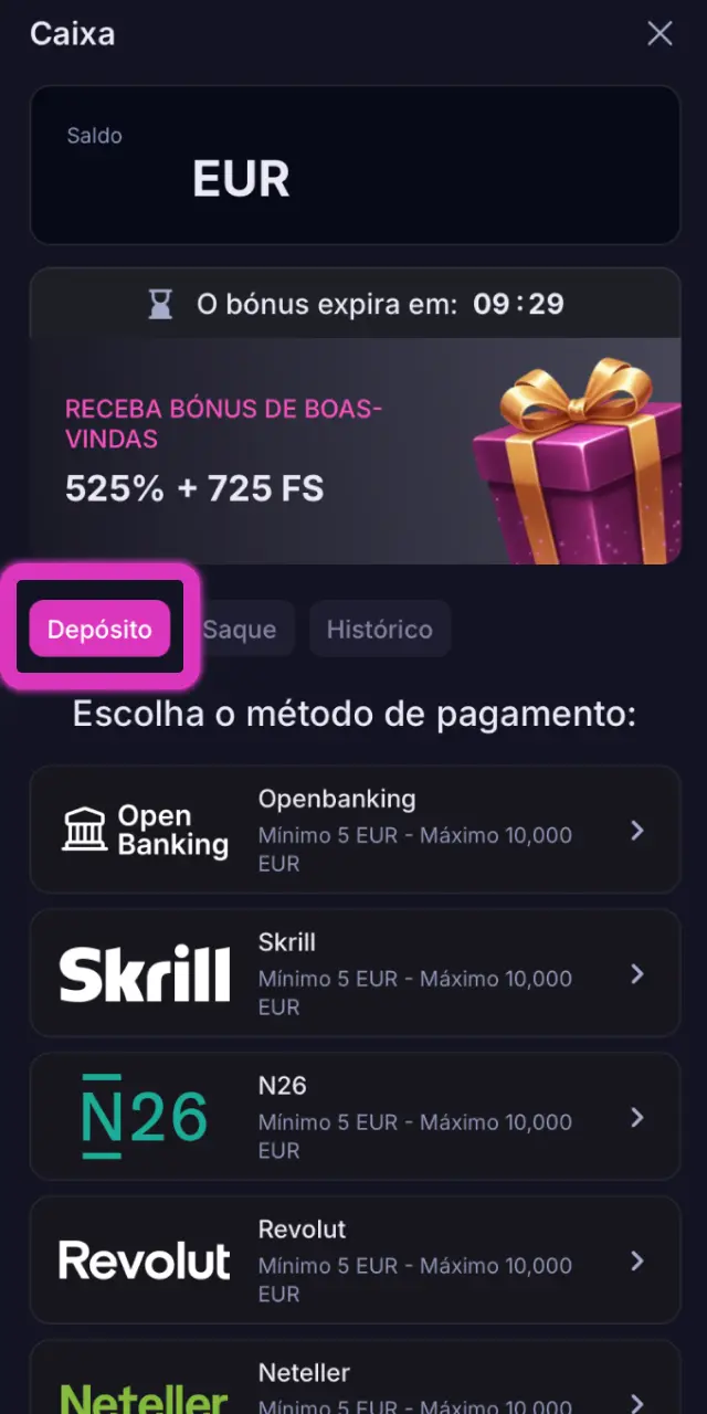 Efetue um depósito na Win2Chill com MB WAY, Multibanco ou VISA a partir de 10 EUR.
