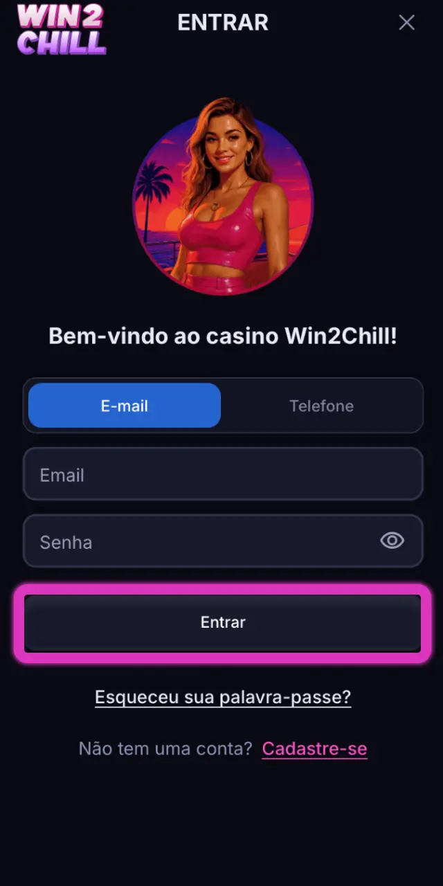 Inicie sessão na sua conta Win2Chill com e-mail e palavra-passe.