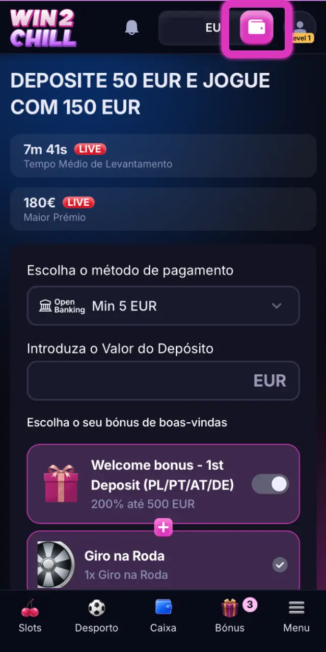 Aceda à secção de pagamentos Win2Chill para depositar com métodos disponíveis em Portugal.