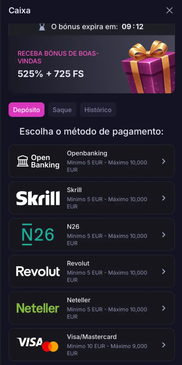 Aceda à caixa da app Win2Chill para depositar com métodos disponíveis em Portugal.