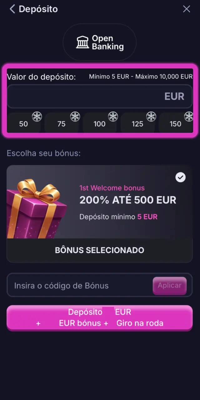 Defina o valor do depósito na app Win2Chill dentro dos limites do método escolhido.