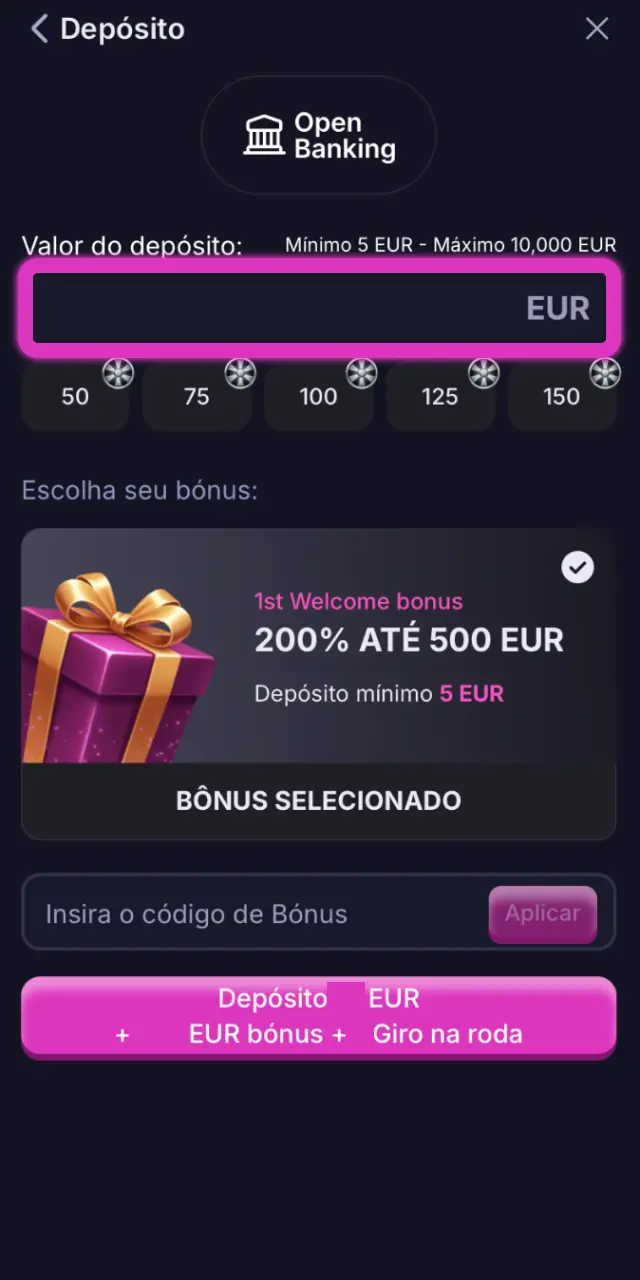 Introduza o montante a depositar na Win2Chill a partir de 5 EUR para métodos eletrónicos.