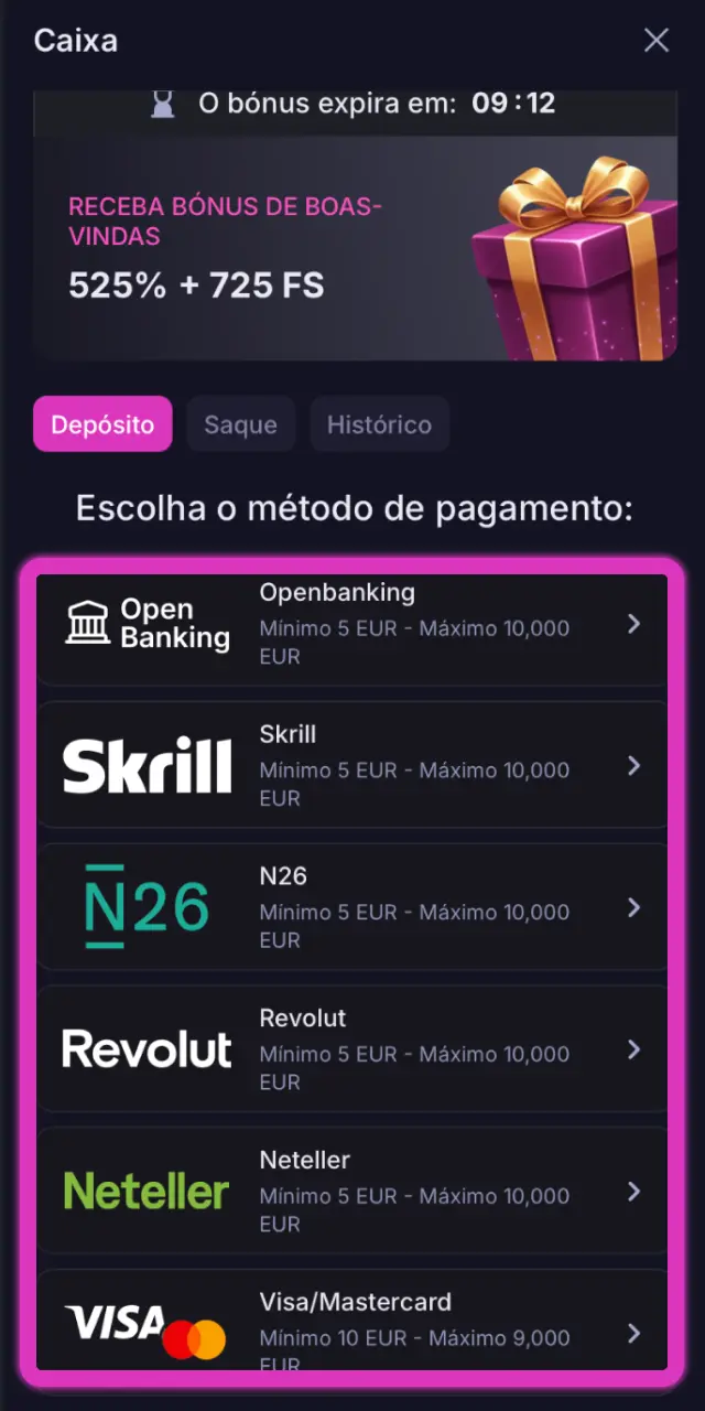 Aceda à caixa da app Win2Chill para depositar com métodos disponíveis em Portugal.
