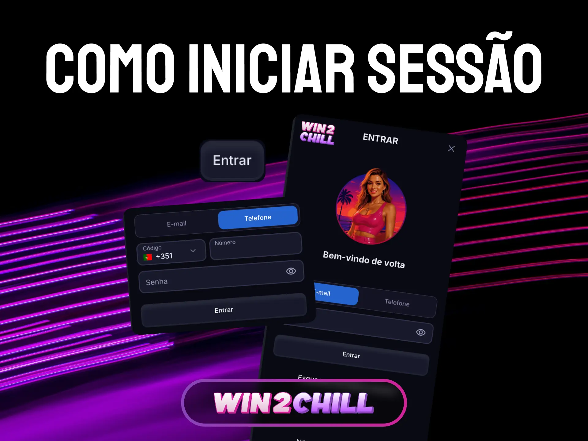 Como iniciar sessão na Win2Chill com e-mail ou telefone e palavra-passe.
