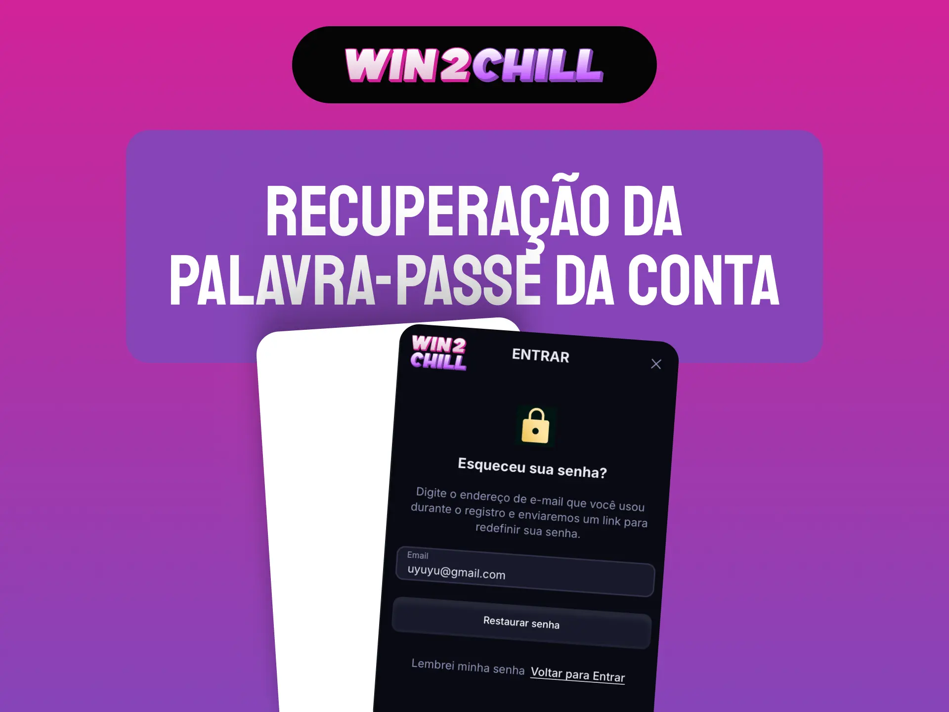 Recuperação da palavra-passe da conta Win2Chill por e-mail ou SMS.