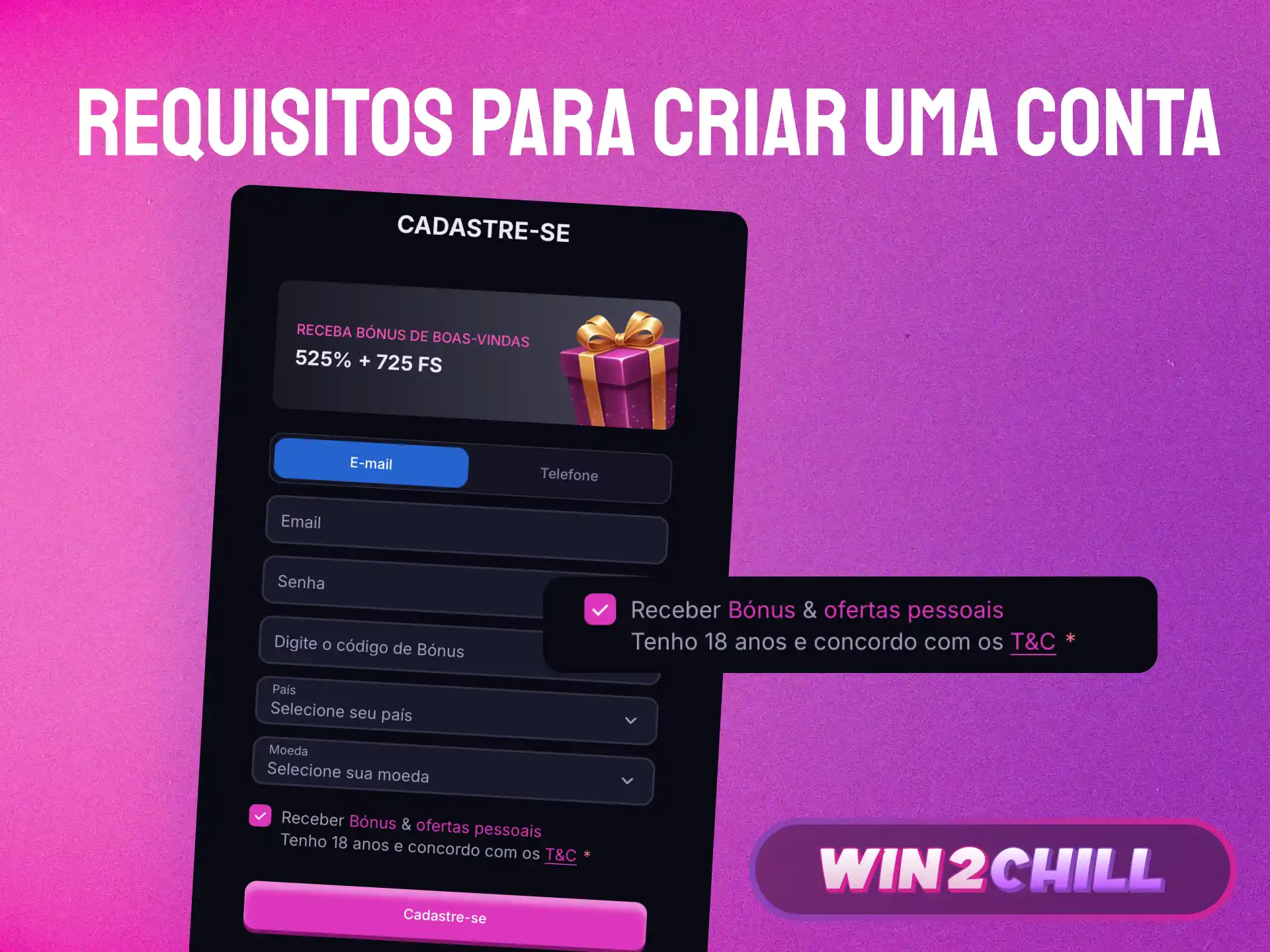 Requisitos para criar uma conta na Win2Chill incluindo idade mínima e documentos válidos.