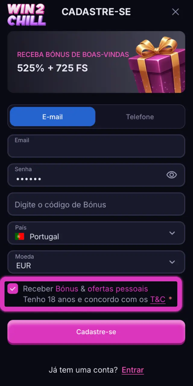 Aceite os termos e confirme que tem 18 anos na Win2Chill para completar o registo.