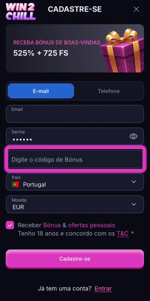 Adicione um código promocional na Win2Chill para ativar bónus adicionais.