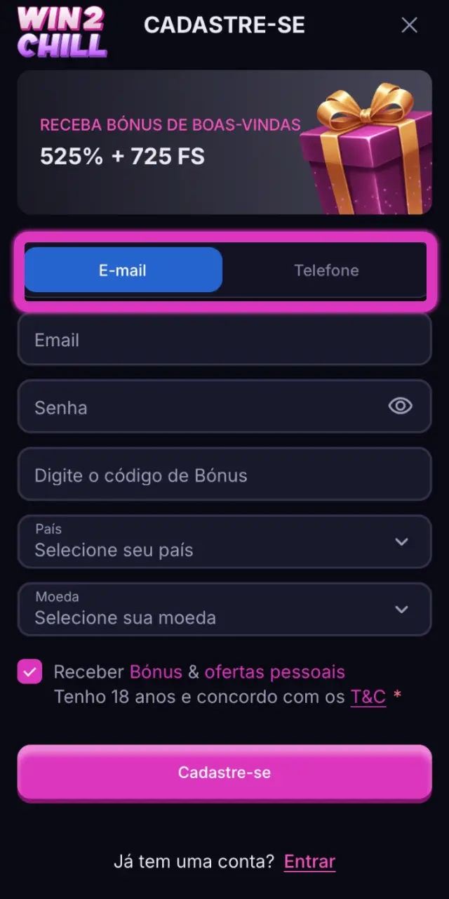 Escolha registo por e-mail ou telefone na Win2Chill para criar a sua conta.