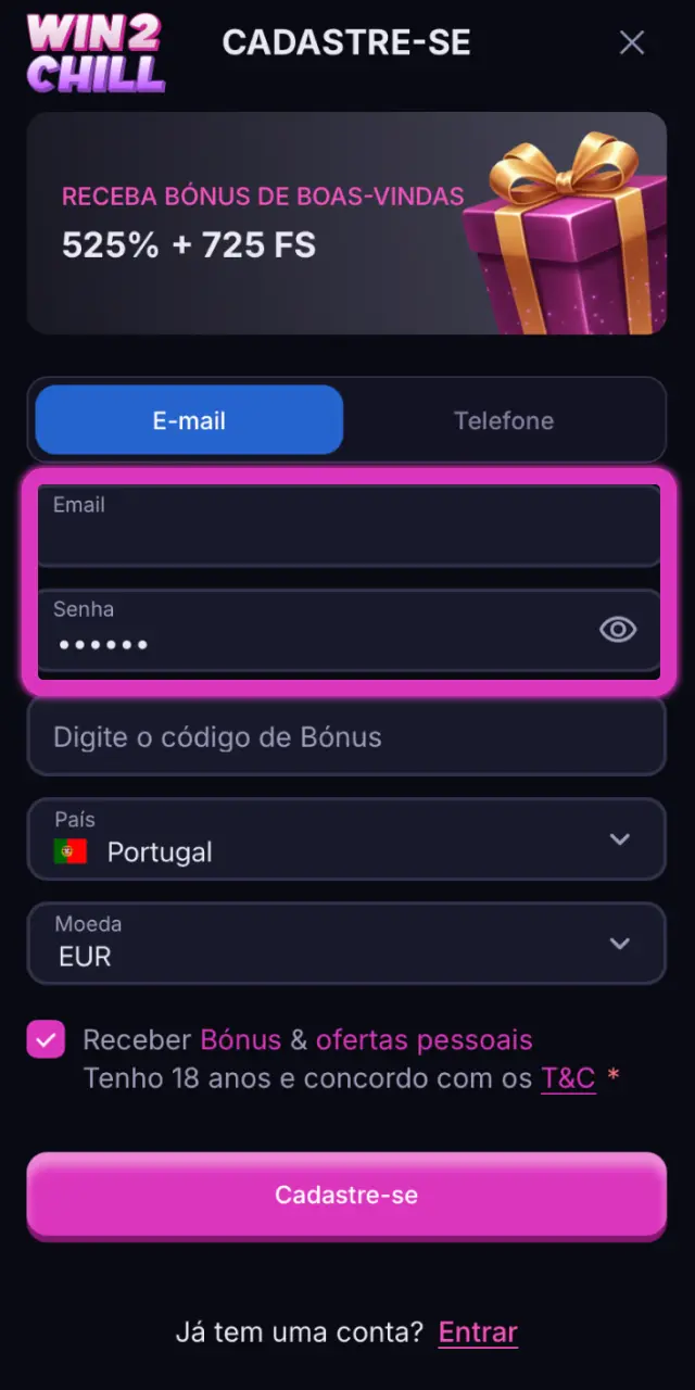 Preencha os dados de acesso na Win2Chill com e-mail ou telefone e palavra-passe.