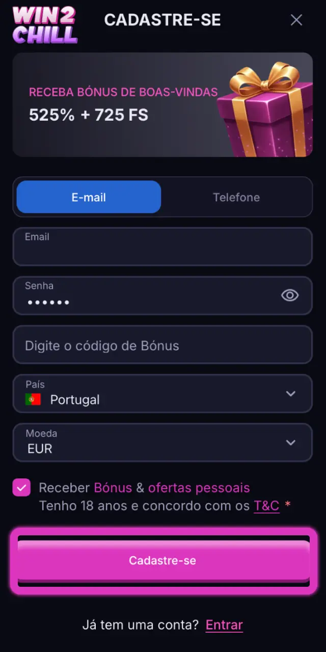 Clique em Cadastre-se na Win2Chill para finalizar a criação da sua conta.