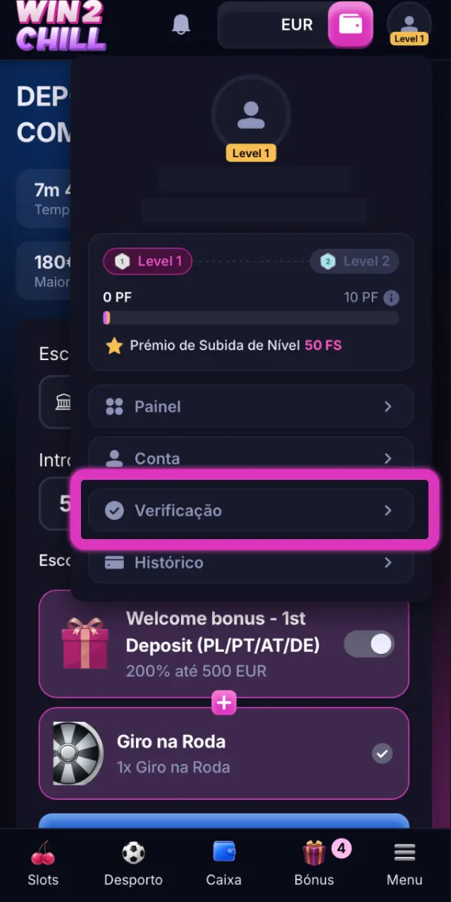 Abra a secção Security & Verification na Win2Chill para carregar documentos.