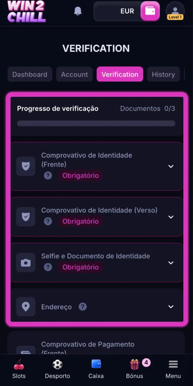 Carregue documentos de identidade na Win2Chill para completar o KYC.