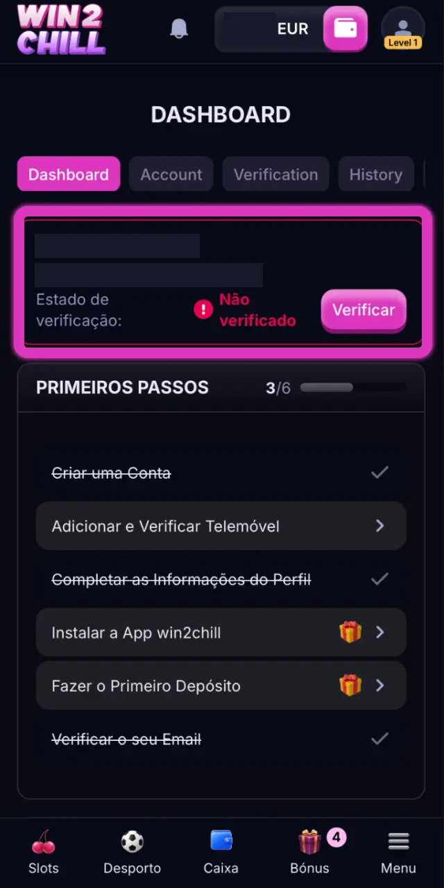 Levantamentos ativados após aprovação da verificação na Win2Chill.